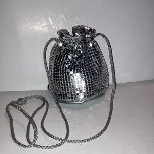 Vintage Silver Metal Mesh Drawstring Crossbody Evening Pouch Purse